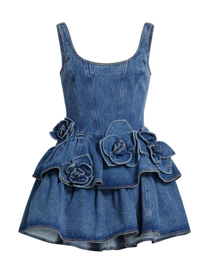 3D Floral Denim Halter A-Line Maxi Dress