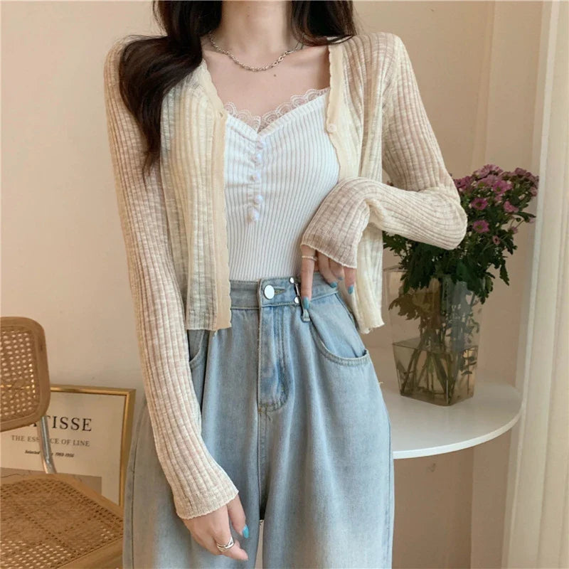 Women's V-Neck Long Sleeve Ice Silk Knit Sheer Cardigan Top