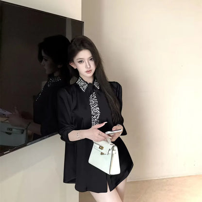 Women's White Shirt New Spring Autumn Crystal Beading With Necktie Chiffon Shirt Female Blouses Ladies Tops Women Clothing