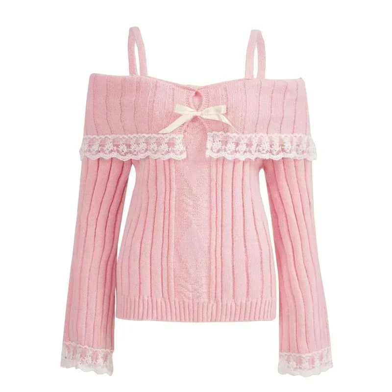 Women Off Shoulder Knit Sweater Pink Pullover Sweet Pullovers Long Sleeve Bow Lace Patchwork Jumpers Y2k Streetwear