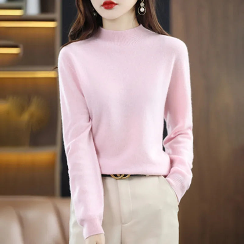 Mock Neck Cashmere Sweater Long Sleeve Loose Fit Pullover
