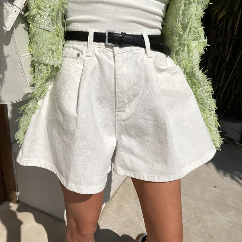 High Waist A-Line Wide Leg Denim Shorts