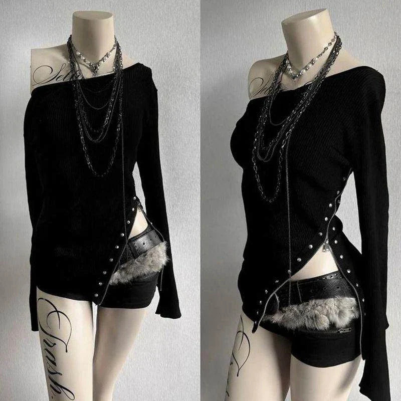 Y2K Gothic Women's Long-Sleeve T-Shirt Sexy Slim Fit Chic Slash Neck Zipper Design Crop Top Rock Punk Hip Hop Women's Streetwear