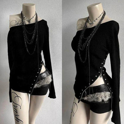 Y2K Gothic Women's Long-Sleeve T-Shirt Sexy Slim Fit Chic Slash Neck Zipper Design Crop Top Rock Punk Hip Hop Women's Streetwear