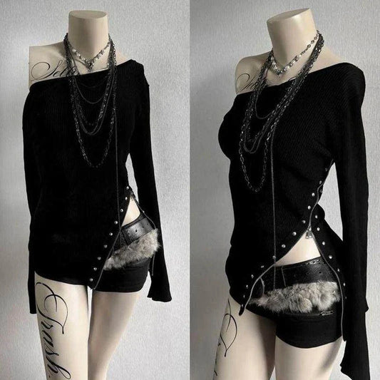 Y2K Gothic Women's Long-Sleeve T-Shirt Sexy Slim Fit Chic Slash Neck Zipper Design Crop Top Rock Punk Hip Hop Women's Streetwear