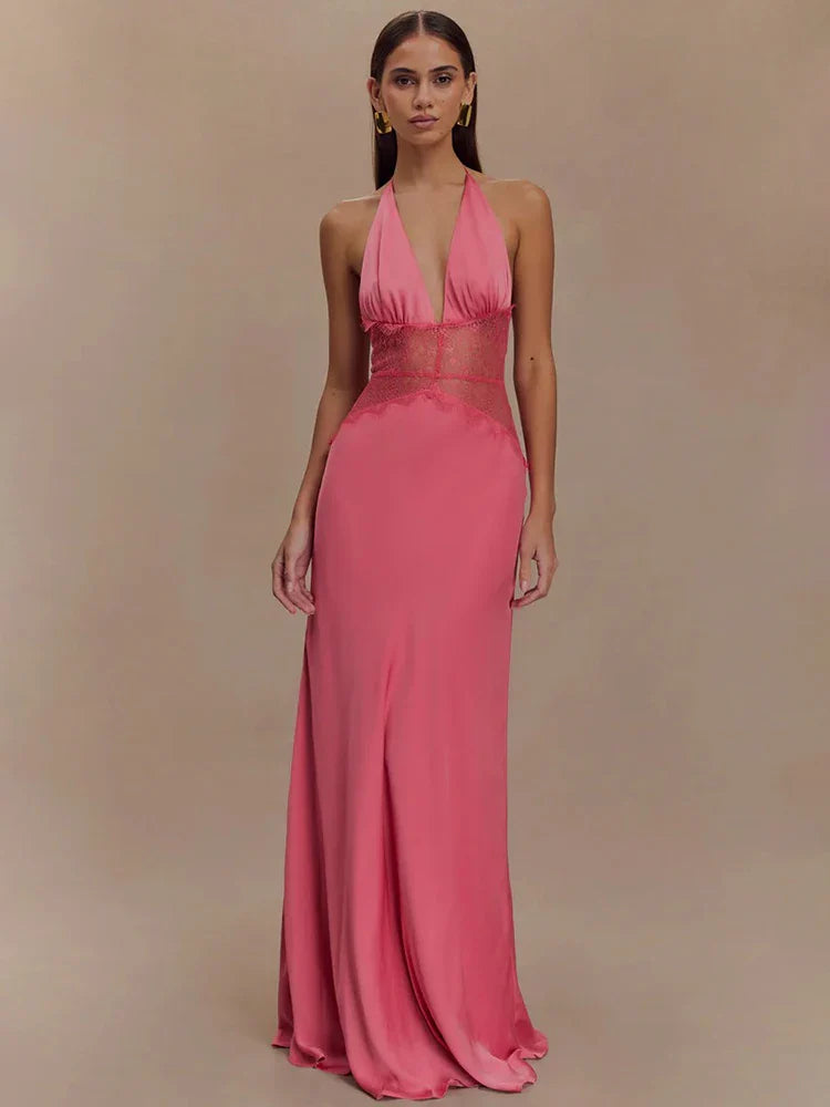 Mozision Summer Backless Sexy Maxi Dress Women Gown Patchwork Lace Halter Deep V Neck Sleeveless High Waist Elegant Long Dress