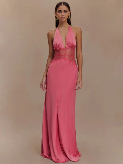 Mozision Summer Backless Sexy Maxi Dress Women Gown Patchwork Lace Halter Deep V Neck Sleeveless High Waist Elegant Long Dress
