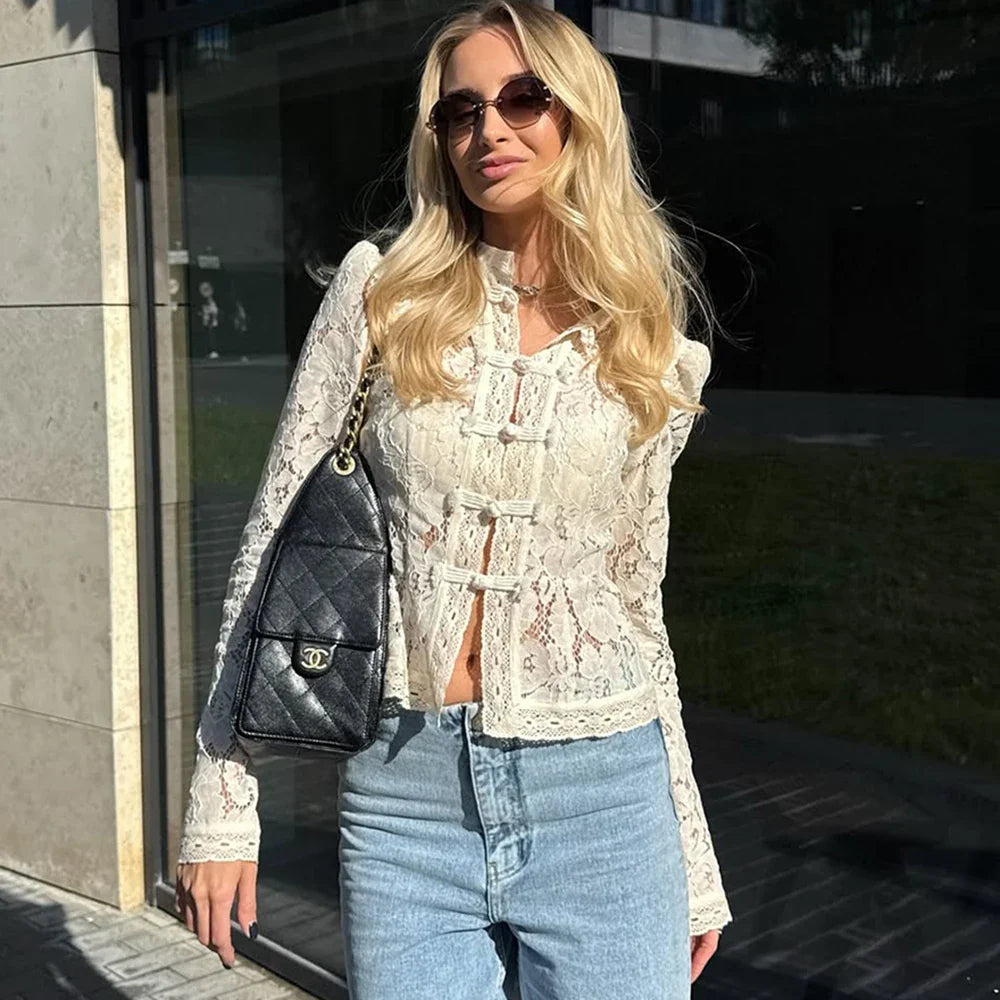Women's Lace Blouse - V-Neck Patchwork Slim Fit Party Top