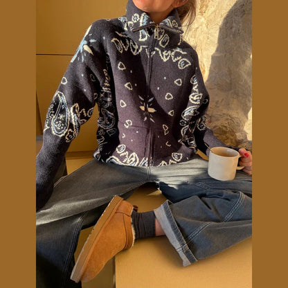 Women's Geometric Print Cardigan - Tassel Patchwork Knit Sweater