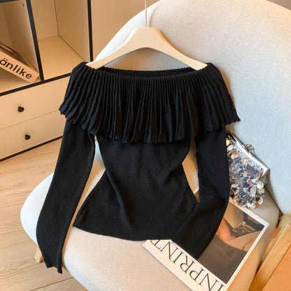 Slash Neck Ruffle Sweater Long Sleeve Regular Fit Pullover