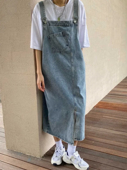 Denim Overall Spaghetti Strap Maxi Dress