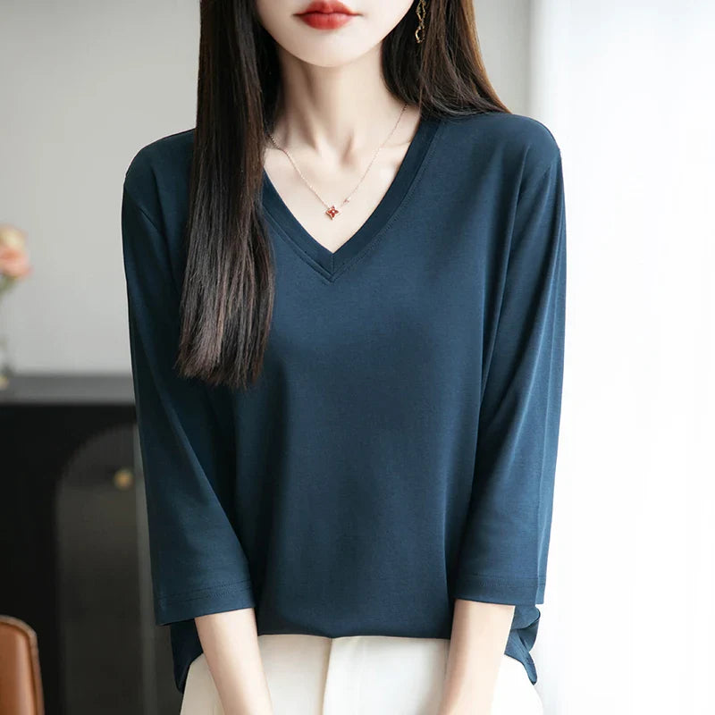 Women's Cotton V-Neck Cropped Sleeve T-Shirt