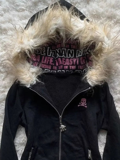 Fur Collar Zipper Hooded Sweatshirt Graphic Print Regular Fit
