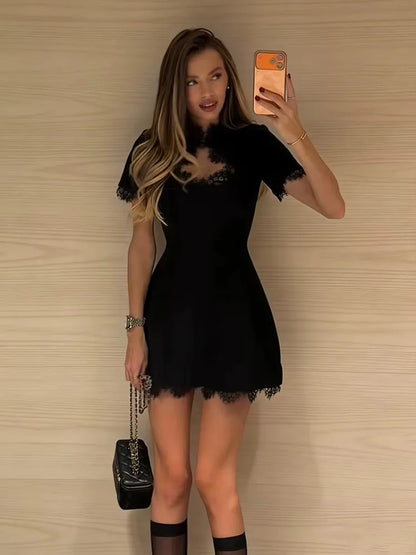 Women's Black Lace Hollow-Out Mini Dress