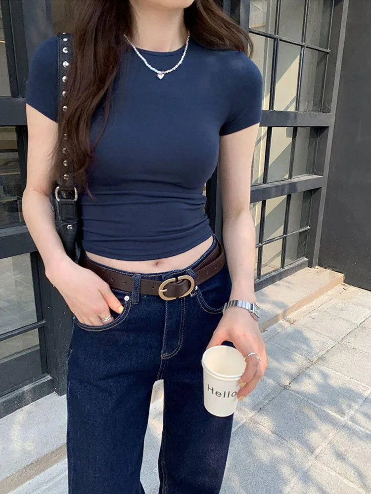 Crew Neck Short Sleeve Slim Solid Crop Tee