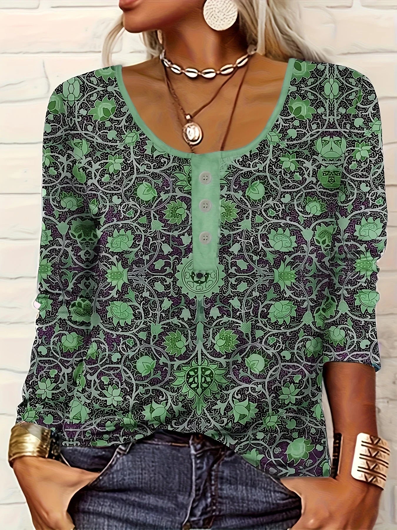 Women's Ethnic Print Long-Sleeve Top