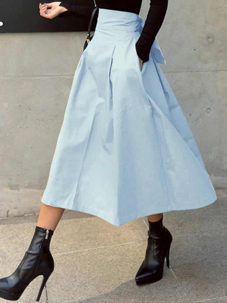 Women's A-Line Skirt - High Waist Preppy Style with Bow