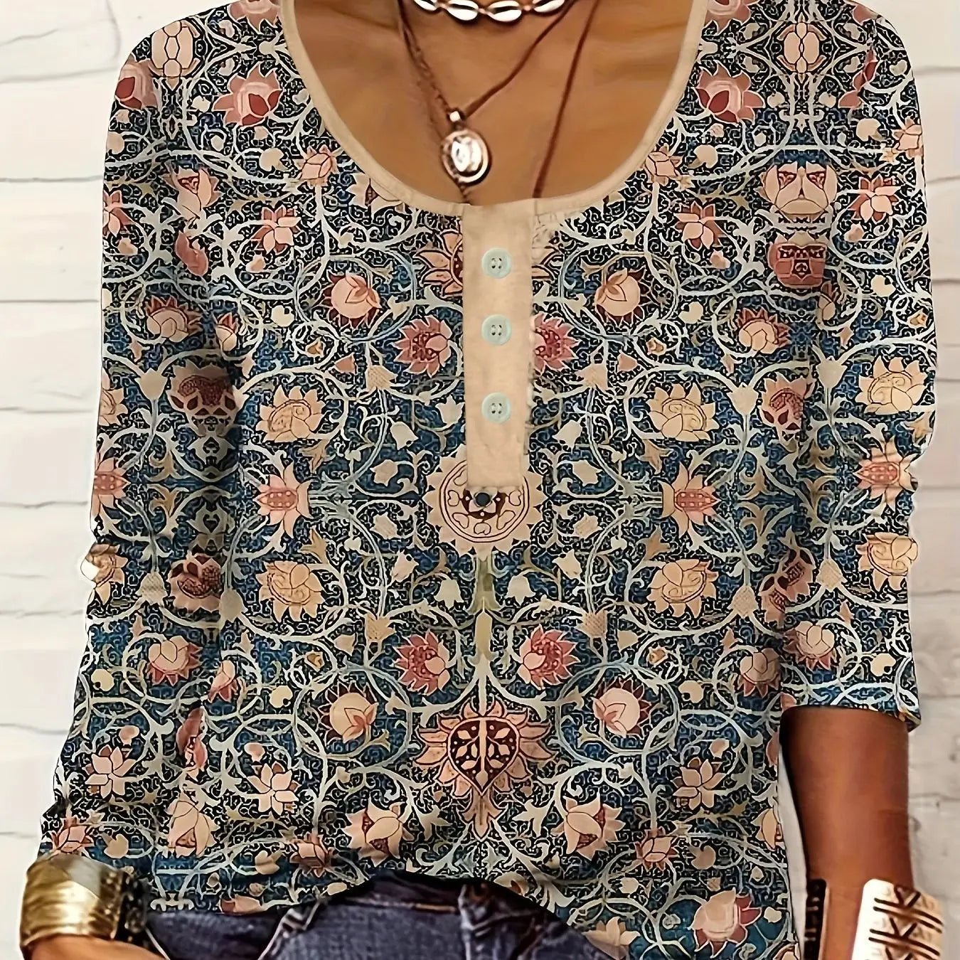 Women's Ethnic Print Long-Sleeve Top