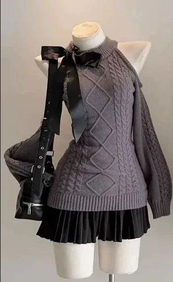 V-Neck Lace Knit Sweater Long Sleeve Loose Fit Pullover with Bow Detail