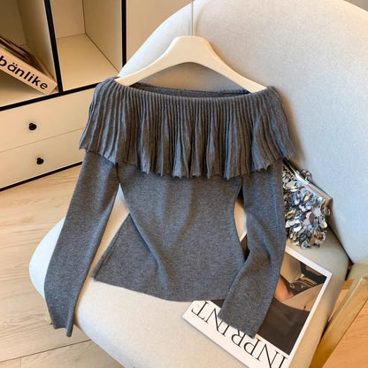 Slash Neck Ruffle Sweater Long Sleeve Regular Fit Pullover