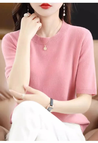 Round Neck Short Sleeve Knit Top Regular Fit Pullover