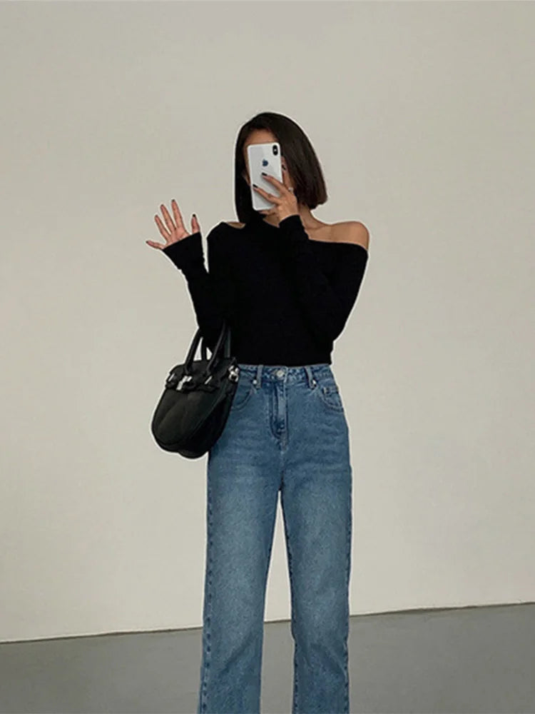 Skew Collar Off-Shoulder Hollow Out Long Sleeve Crop Top