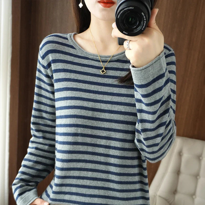 Round Neck Striped Cotton Sweater Long Sleeve Regular Fit Pullover