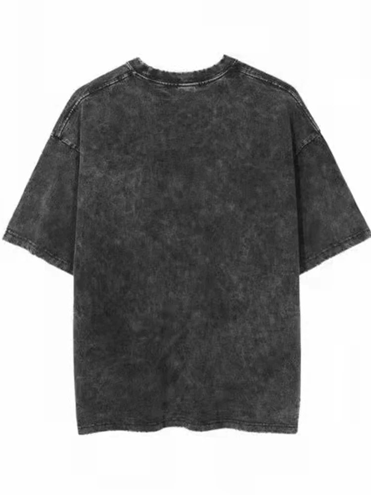 Short Sleeve O-Neck Acid Wash Loose Fit Tee Vintage Hip Hop Retro Punk Harajuku Streetwear