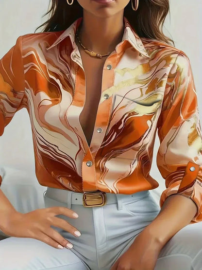 Print V-Neck Button Long Sleeve Blouse