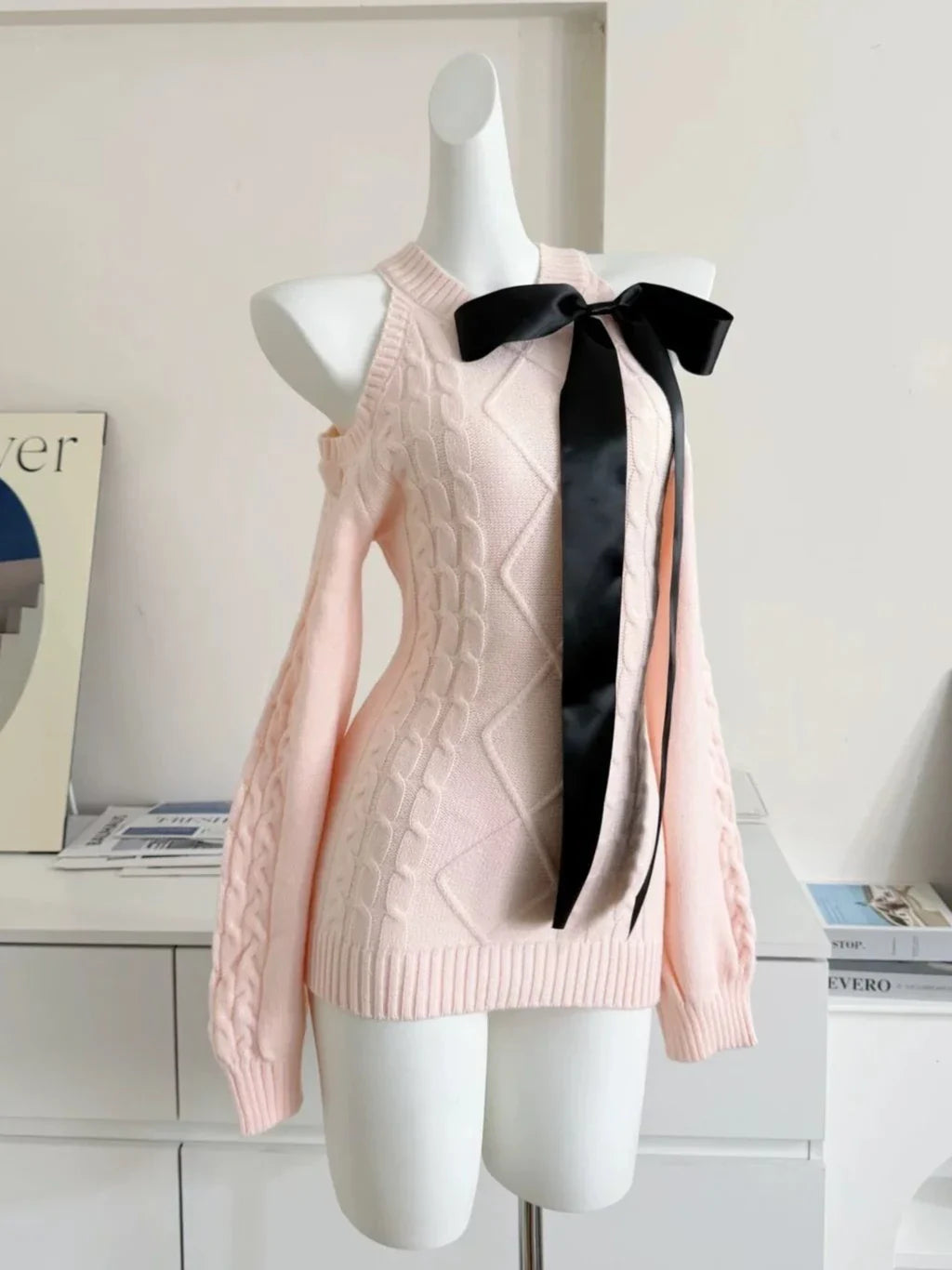 V-Neck Lace Knit Sweater Long Sleeve Loose Fit Pullover with Bow Detail