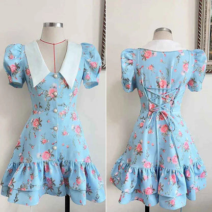 Tornova Print Puff Sleeves Ruffled Dress Women's V-Neck High Waist Pearl Buttons Mini Dress Female Casual Vacation Fashion Dress