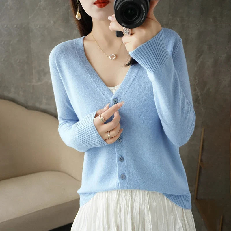 Women's V-Neck Knitted Cardigan - Loose Fit Button-Up Sweater