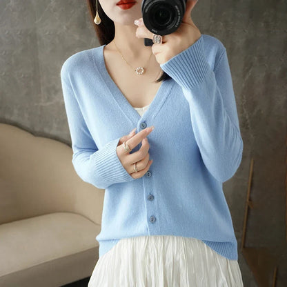Women's V-Neck Knitted Cardigan - Loose Fit Button-Up Sweater