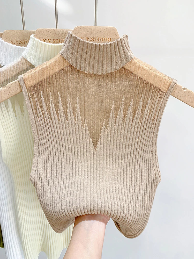 Mesh Knit Half Neck Cut Out Sleeveless Tube Top