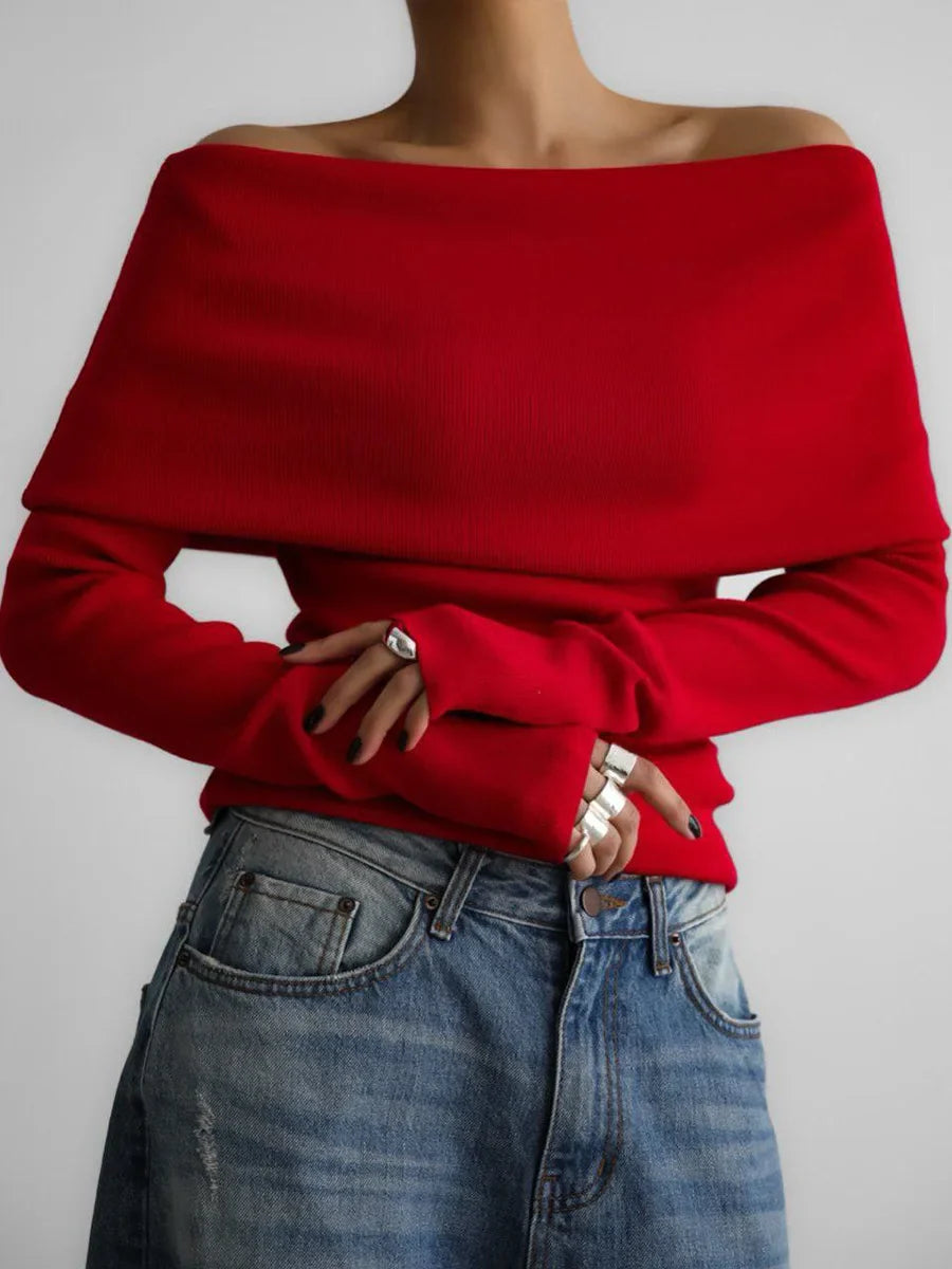 Off Shoulder Knit Sweater Long Sleeve Slim Fit Pullover