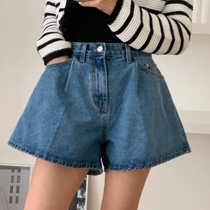 High Waist A-Line Wide Leg Denim Shorts
