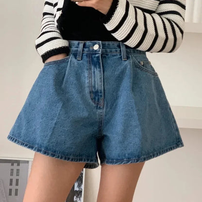High Waist A-Line Wide Leg Denim Shorts