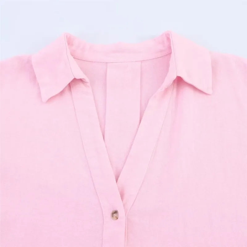 Women's Wide Sleeve Linen Shirt - Asymmetric Hem Button-Up Blouse