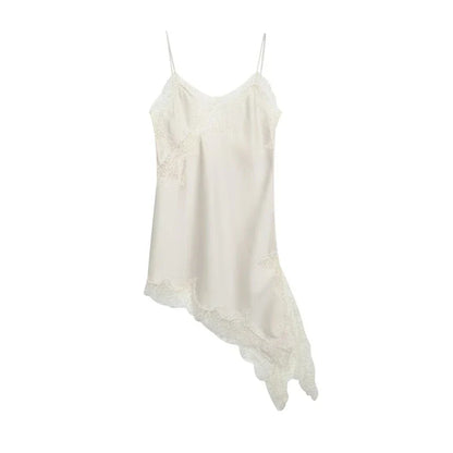 Combhasaki Women Floral Lace Trim Satin High Low Vest Silk Spaghetti Strap Side Split Asymmetrical Cami Flowy Silky Layering Top