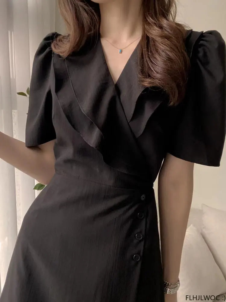 Women Retro Vintage Ruffles Midi Dress Japan Style Lace-Up V-Neck Short Sleeve Dress