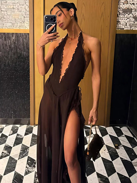 Halter Deep V-Neck Backless High Split Maxi Dress
