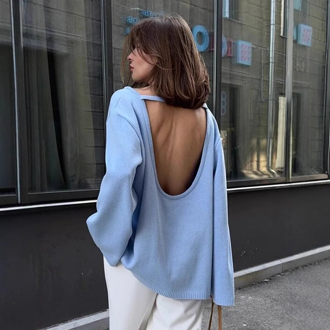 Round Neck Backless Knit Sweater Long Sleeve Loose Fit Hollow-Out