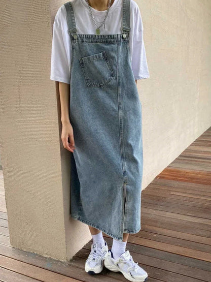 Women's Denim Overall Dress - Sleeveless Casual Slip Dress