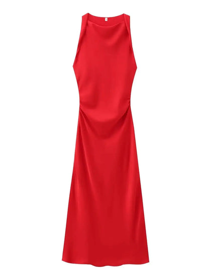 Satin Twisted Armhole Waist Gathered Midi Dress