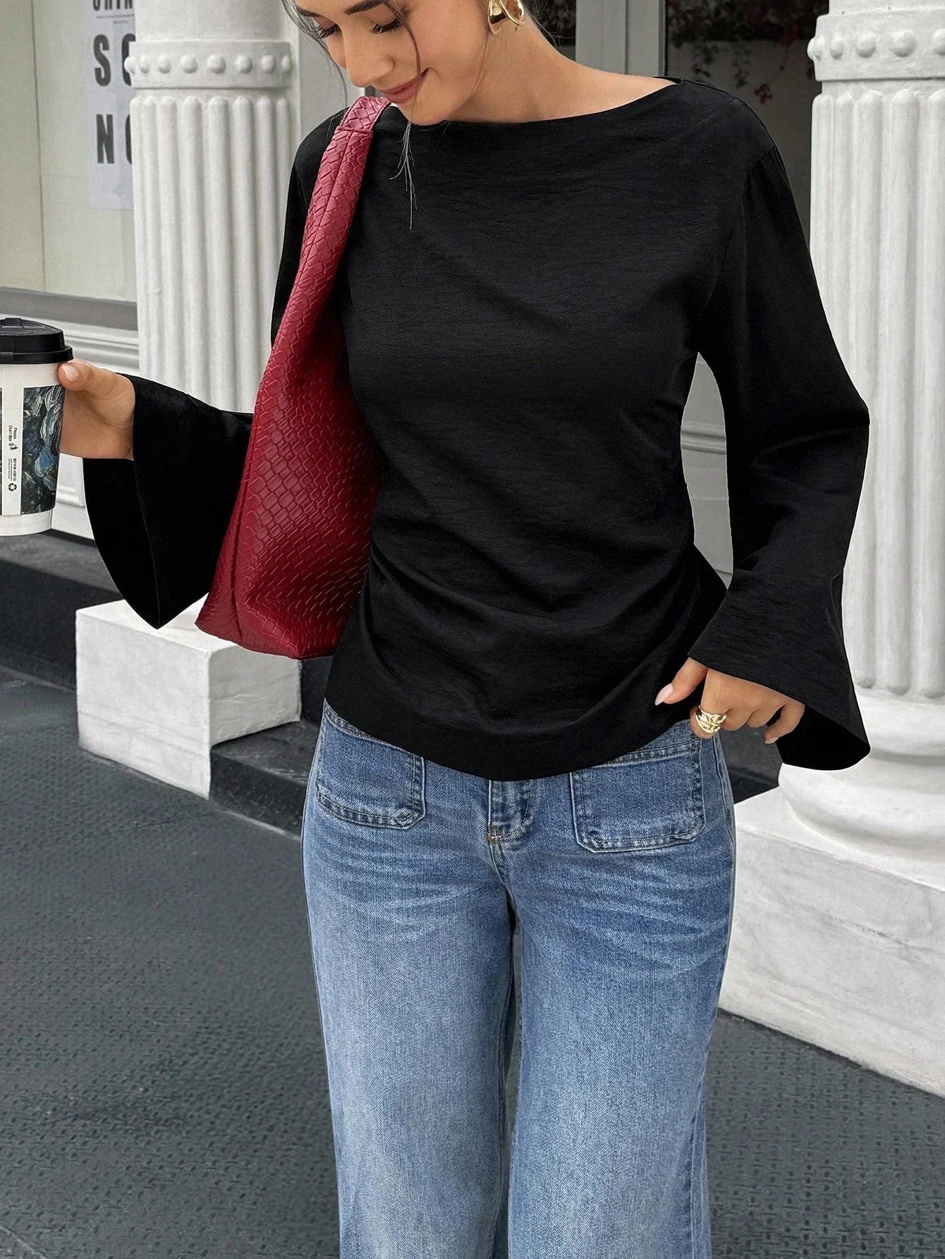 Women's Boat Neck Flare Sleeve Top with Back Tie