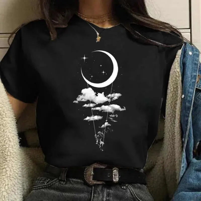 90s Harajuku Funny Moon Cartoon Graphic Print Short Sleeve Letter Tee Kawaii