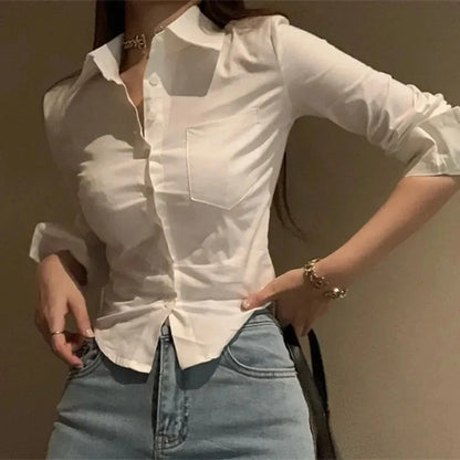 Chiffon Button-Up Blouse with Pockets