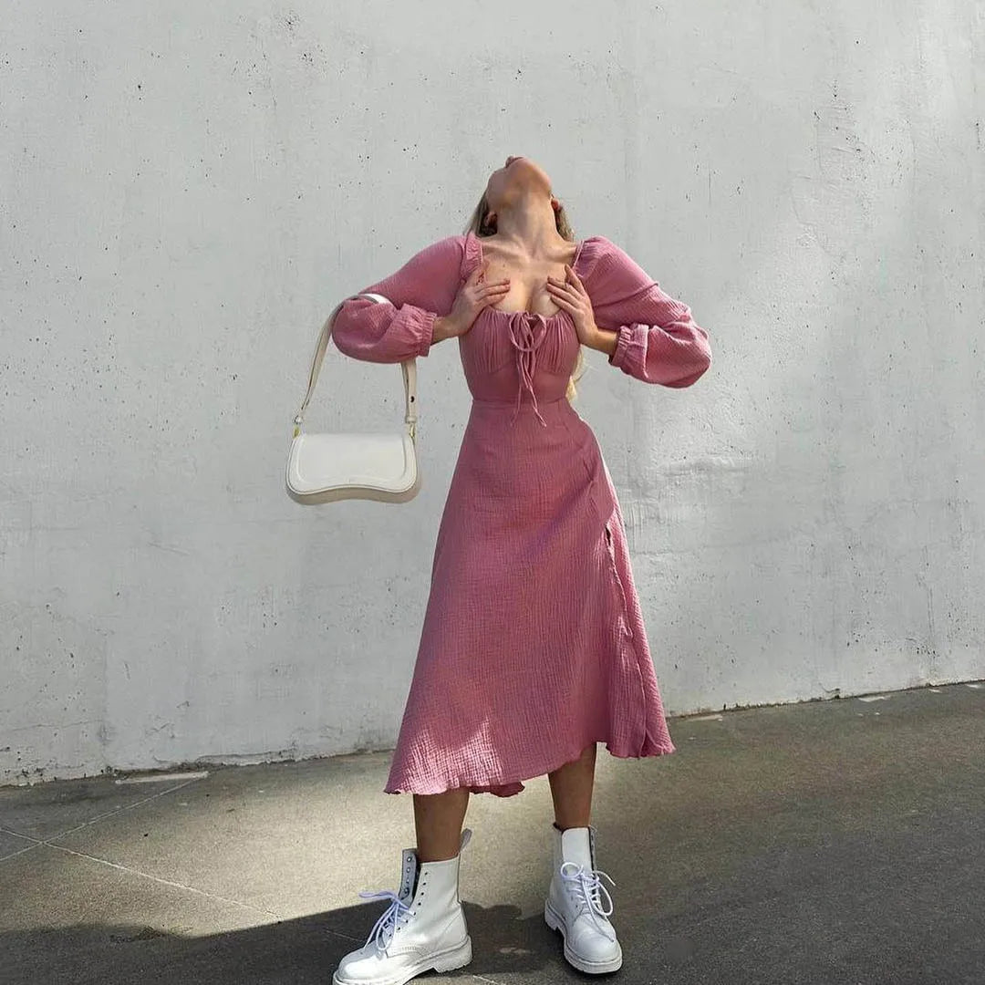 Lace-Up Square Collar Sexy Dress Women Lantern Sleeve Cotton Slit Midi Dress Streetwear