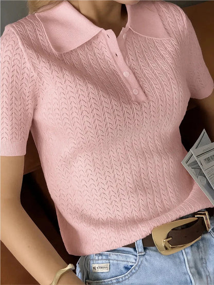 Lapel Short Sleeve Knit Loose Pullover Tee