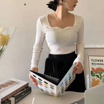 Square Collar Cropped Knit Sweater Long Sleeve Slim Fit Pullover